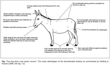 “Four-leg drive rural power source”: The many advantages of the domesticated donkey as summarised by Fielding & Krause (1998: 109, fig. 7.1).